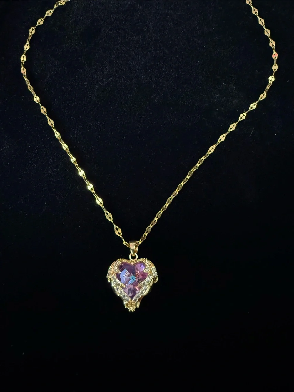 Gold Heart Pendant Necklace with Iridescent Pink Crystal